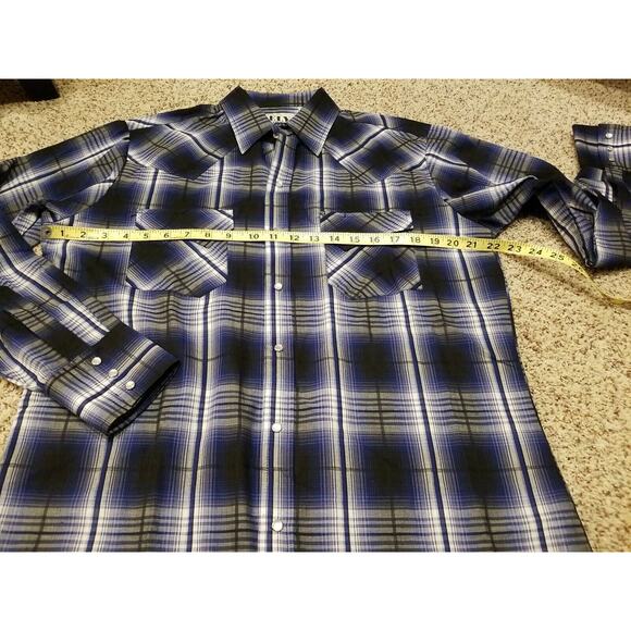 Ely Cattleman | Blue White Black Plaid Pearl Snap Long Sleeve Button Up Men Med - Picture 8 of 9